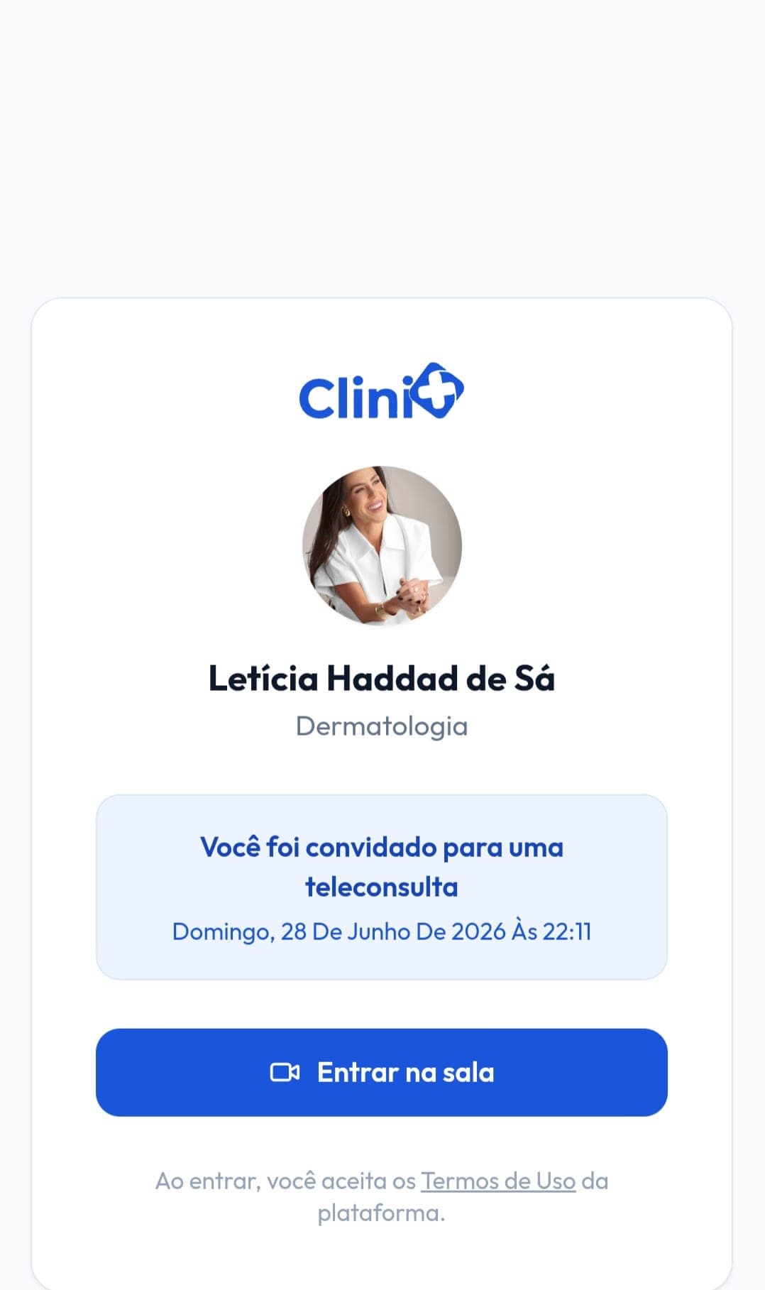 Tela de convite para a teleconsulta na Clini+ com botão para entrar na sala