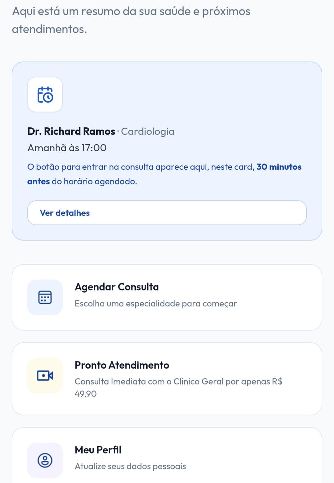 Card Azul no perfil do paciente na Clini+, com nome do profissional, especialidade e horário da consulta