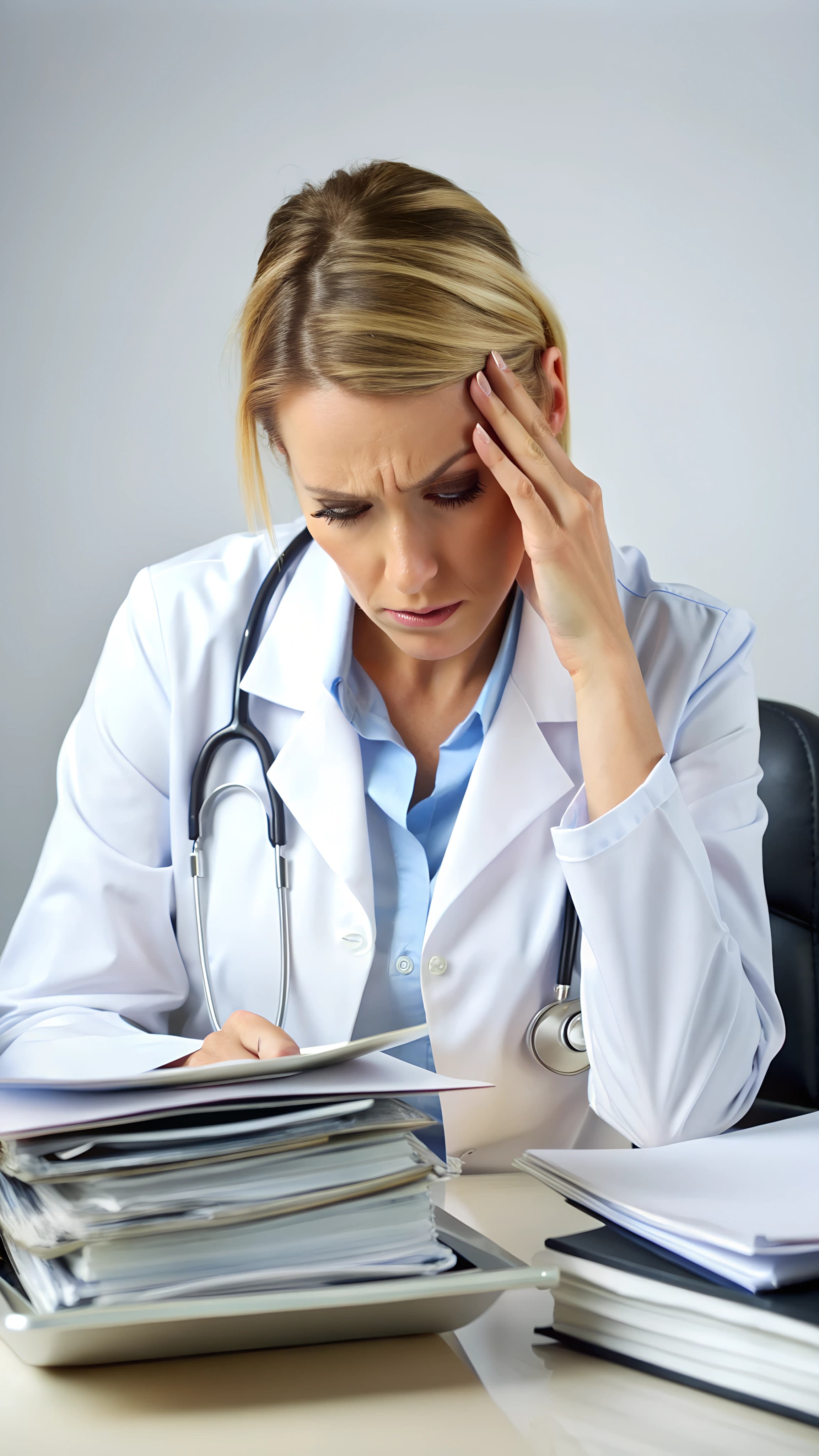 Médica sobrecarregada com papelada
