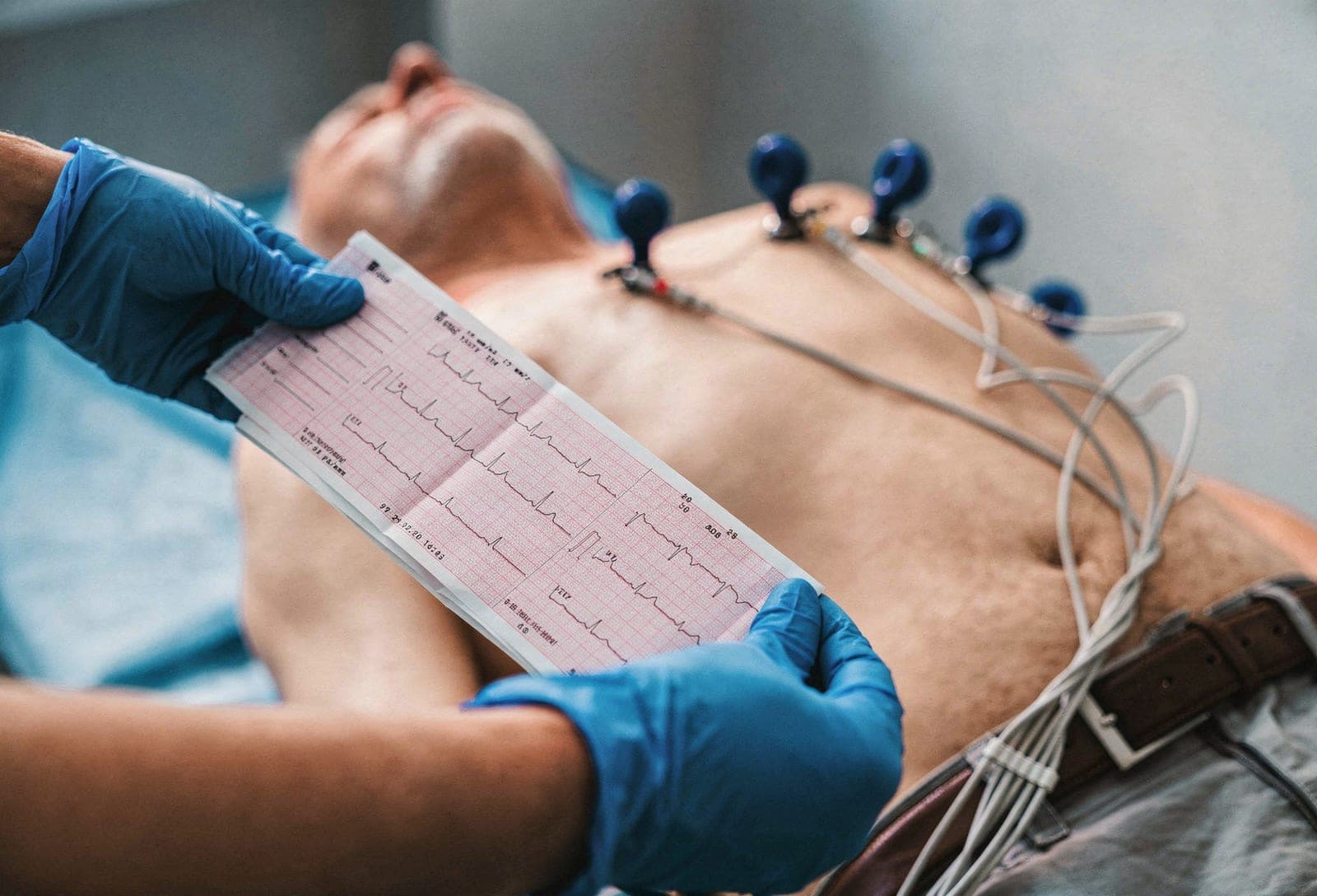 Médico de luvas analisando traçado do eletrocardiograma com paciente conectado aos eletrodos