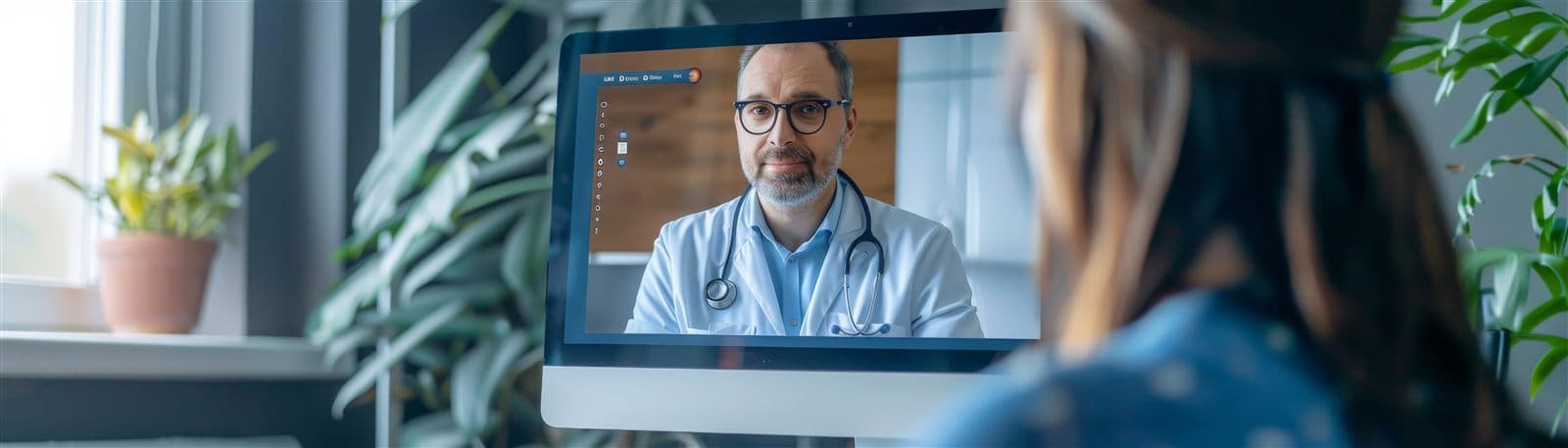 Mulher em teleconsulta médica pelo computador conversando sobre sintomas da menopausa