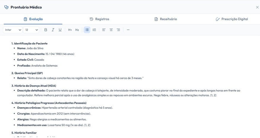 Tela real do prontuário eletrônico da Clini+