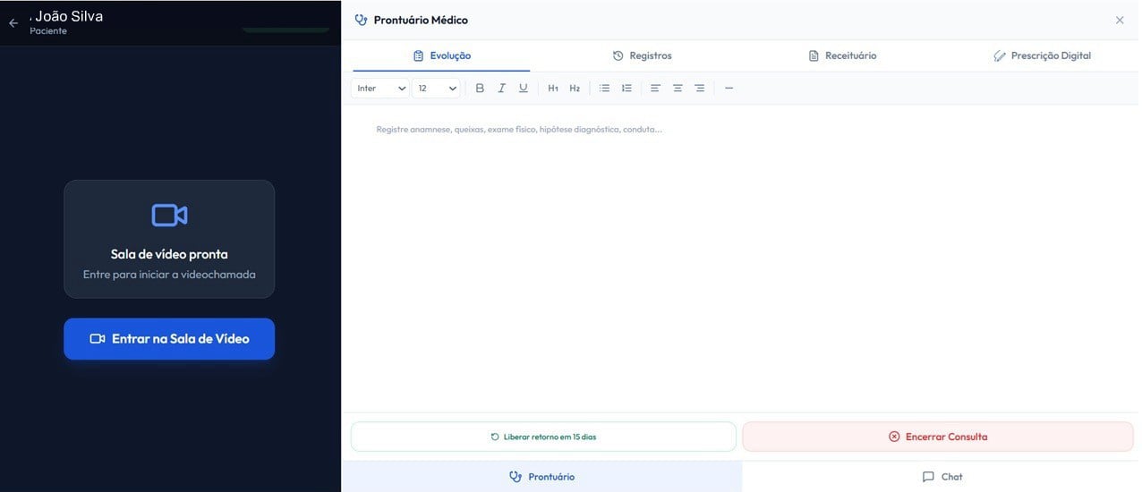 Tela real da teleconsulta integrada com prontuário na Clini+