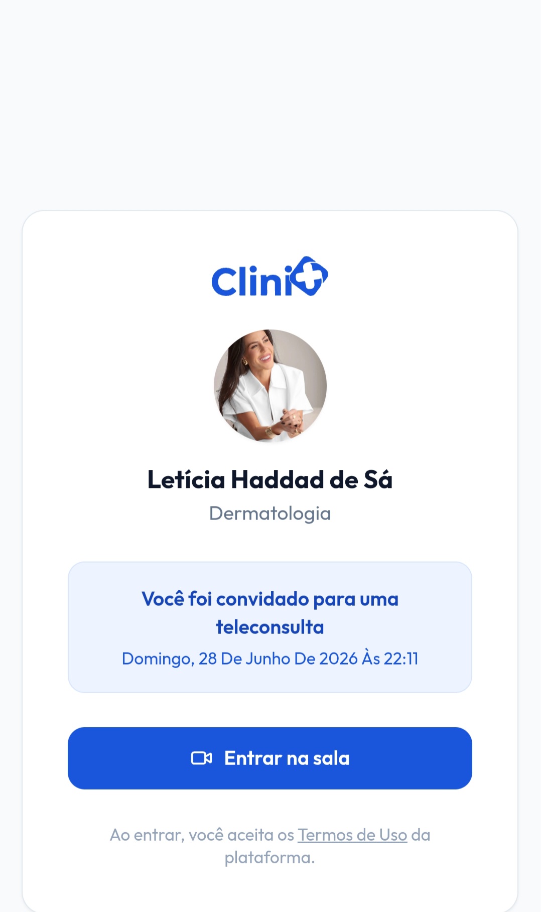 Tela de convite para a teleconsulta na Clini+ com botão para entrar na sala