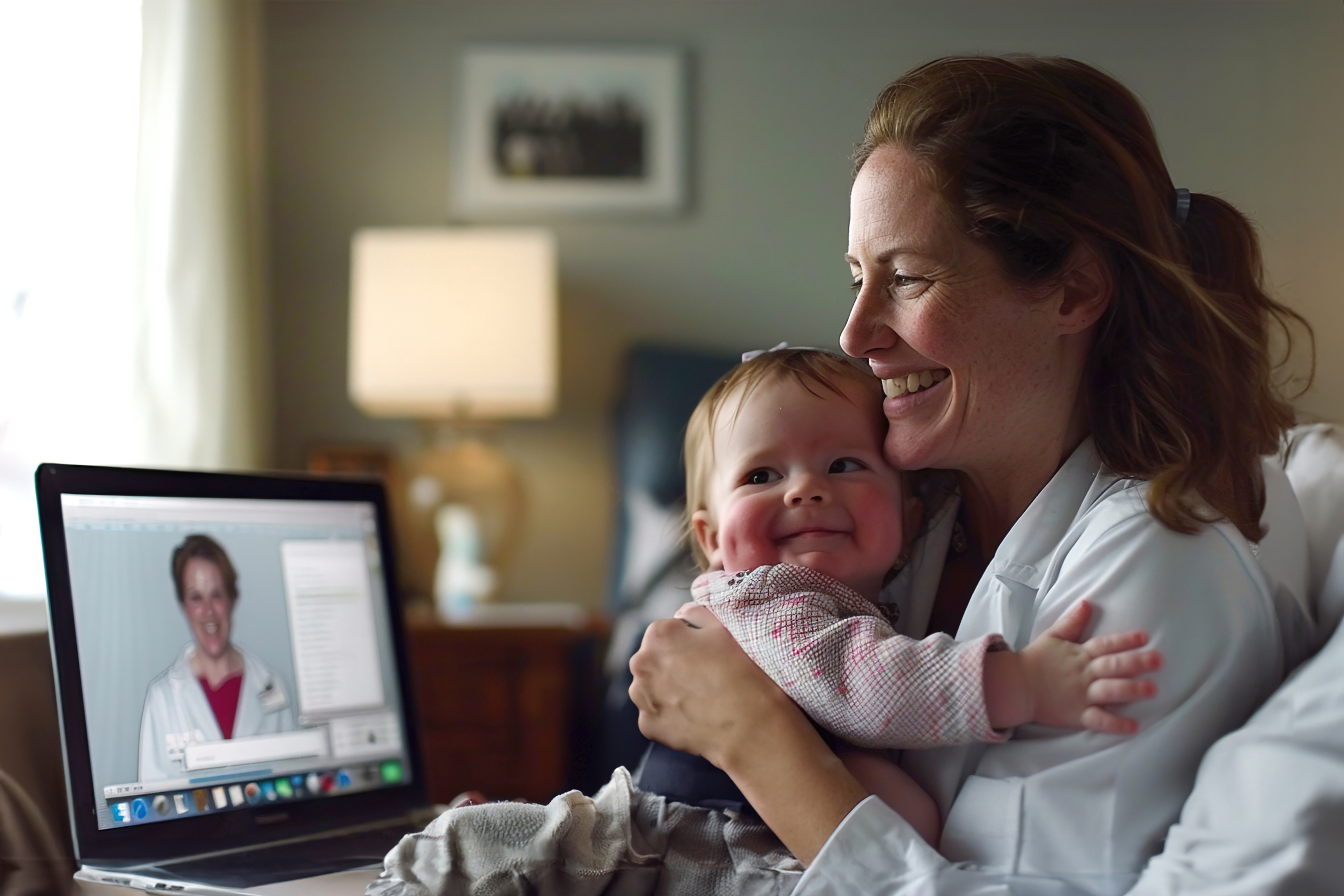 Mãe em teleconsulta com a médica pela Clini+, segurando o bebê no colo